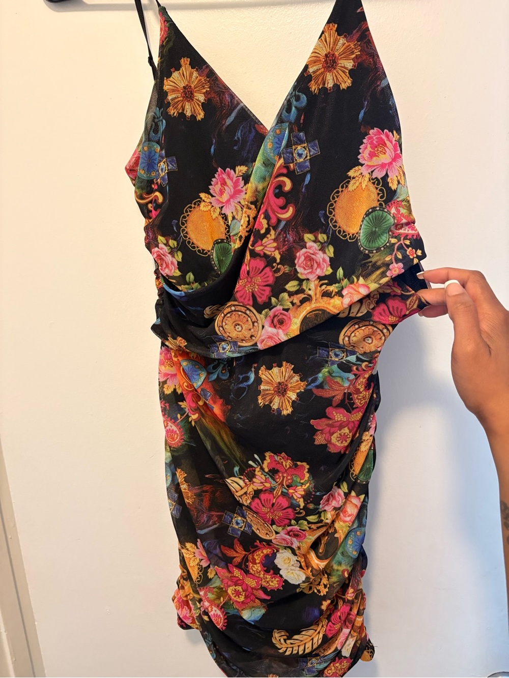 Black Floral Wrap-Style Slip Dress